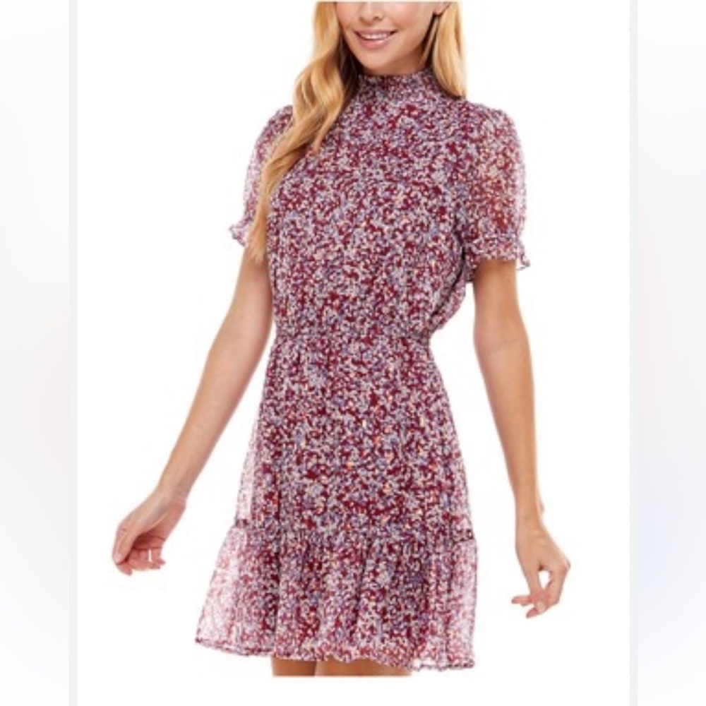 Crystal Doll Small Maroon Short Slewve Floral Mock Neck Dress